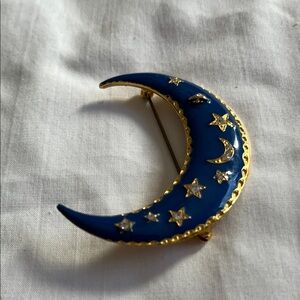 Crescent Moon Starry Brooch in Deep Blue and Gold
